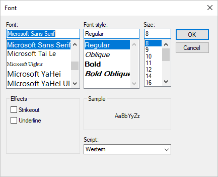 .NET Windows フォームの [フォント] 設定ウィンドウが表示された Visual Studio の [プロパティ] ペイン。