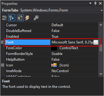 .NET Windows フォームの Font プロパティが表示された Visual Studio の [プロパティ] ペイン。