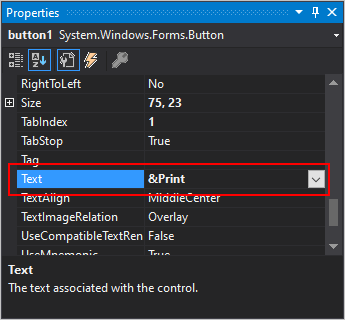 .NET Windows フォームの Text プロパティが表示された Visual Studio の [プロパティ] ペイン。