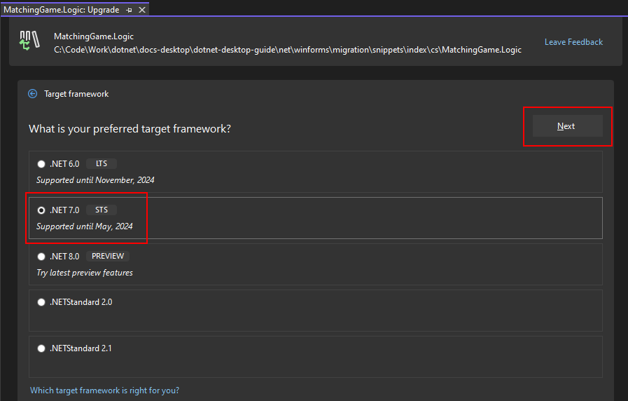 The .NET Upgrade Assistant's target framework decision tab.