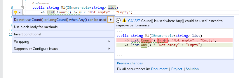 「CA1827 - Any() を使用できる場合は、Count() または LongCount() を使用しません」に対するコード修正