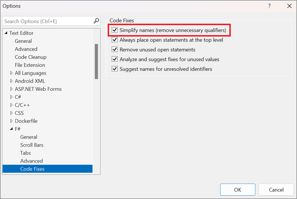 F# テキスト エディター のオプションを示す Visual Studio の [ツール オプション] UI。