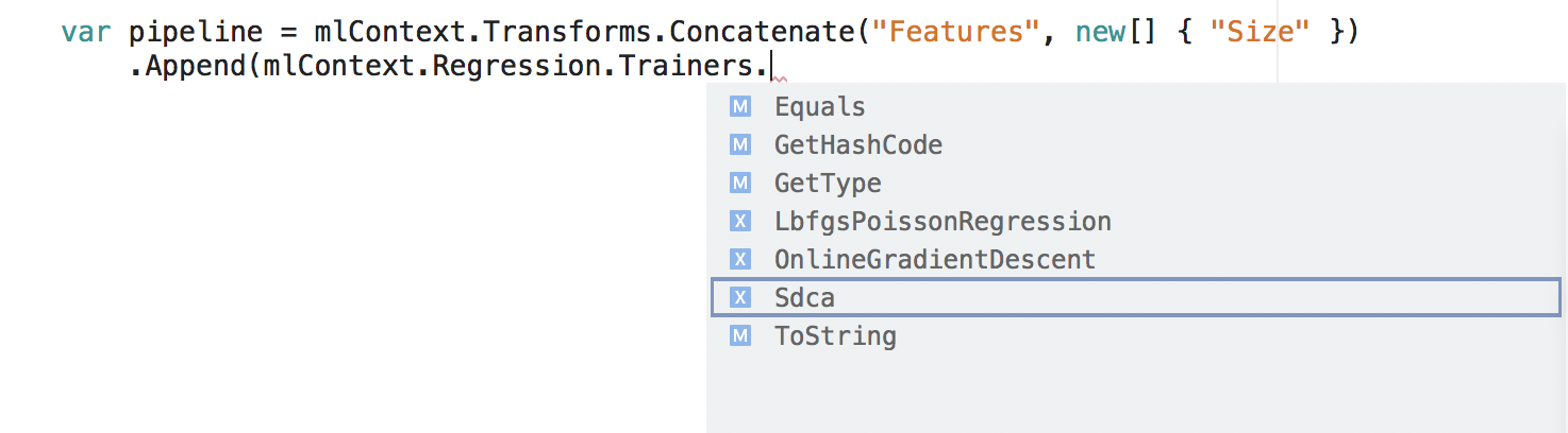 回帰トレーナー用の IntelliSense