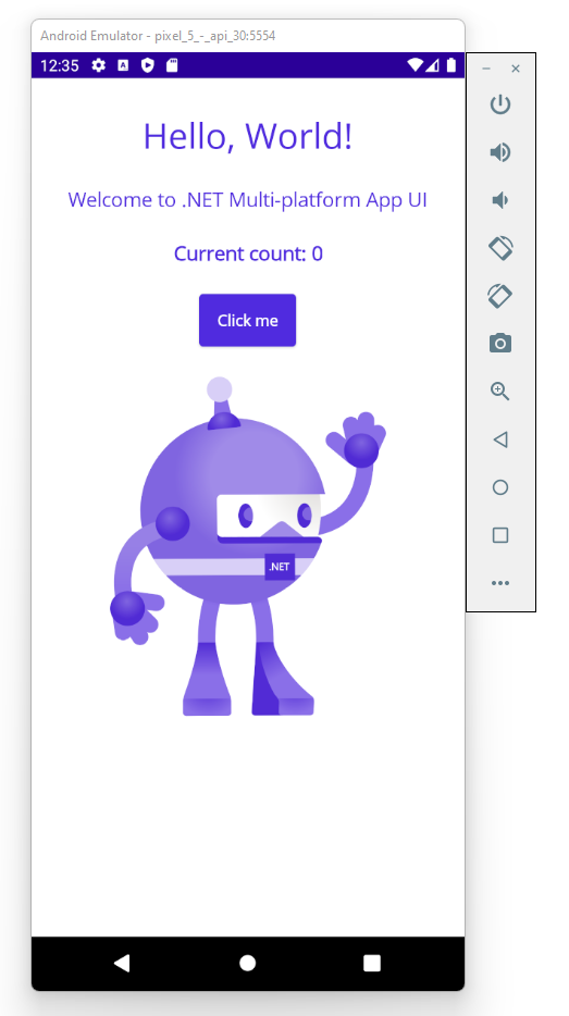 Android エミュレーターで実行されている既定の .NET MAUI アプリ。