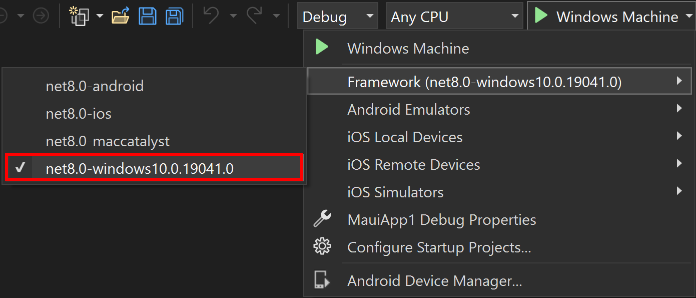 .NET MAUI 用の Windows Machine デバッグ ターゲットを選択します。