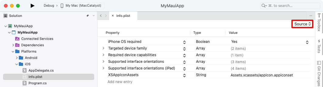 Screenshot of source view in Info.plist editor in Visual Studio for Mac.