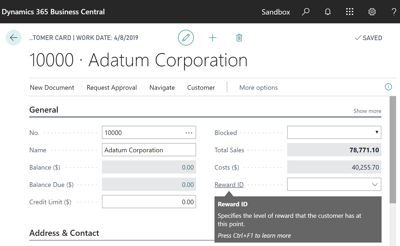 Customer card extension tool tip example.