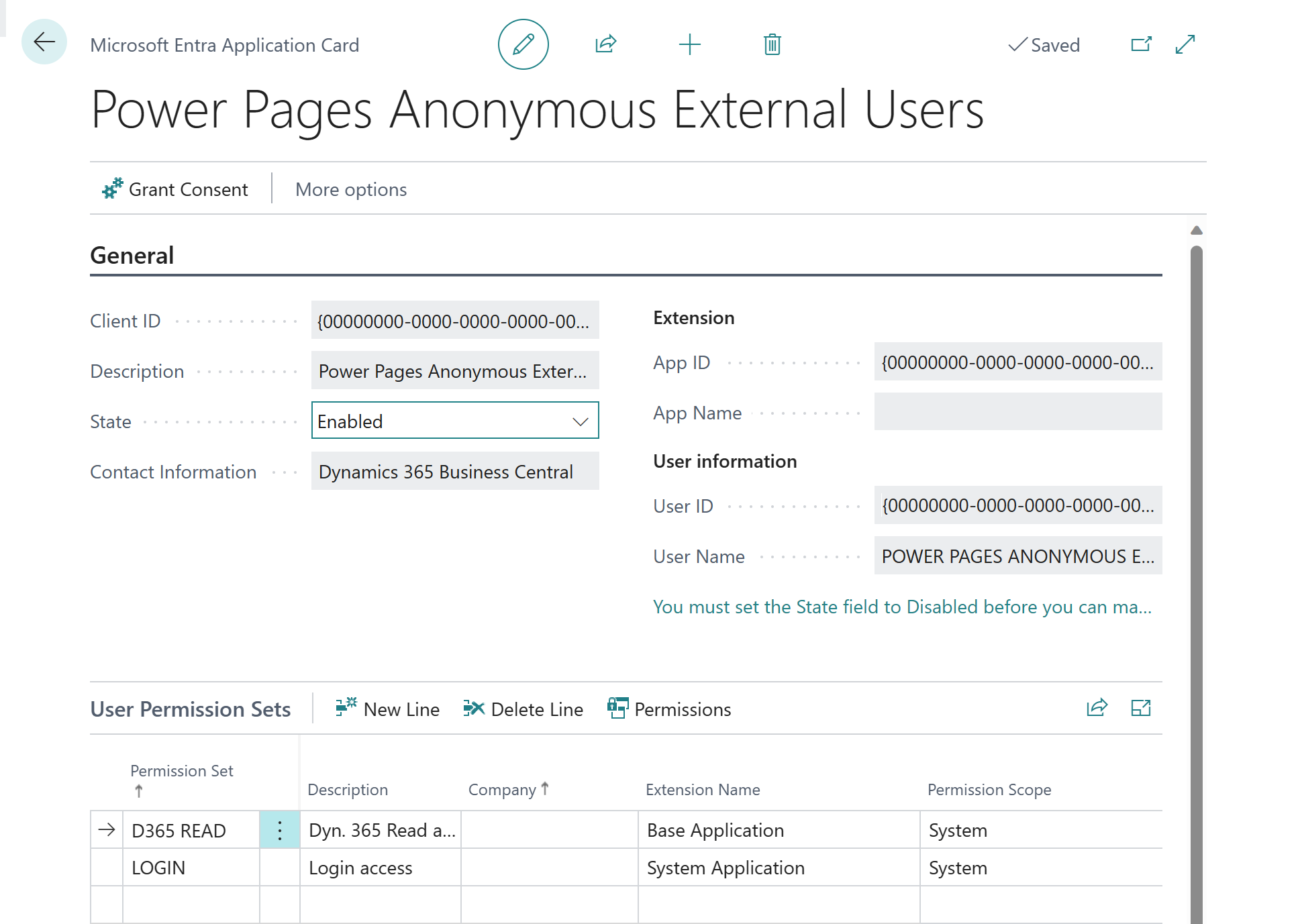 Screenshot of the Power Pages Anonymous External Users card in Business Central