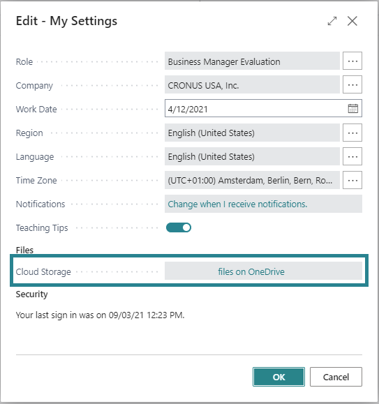 The Cloud Storage field in My Settings