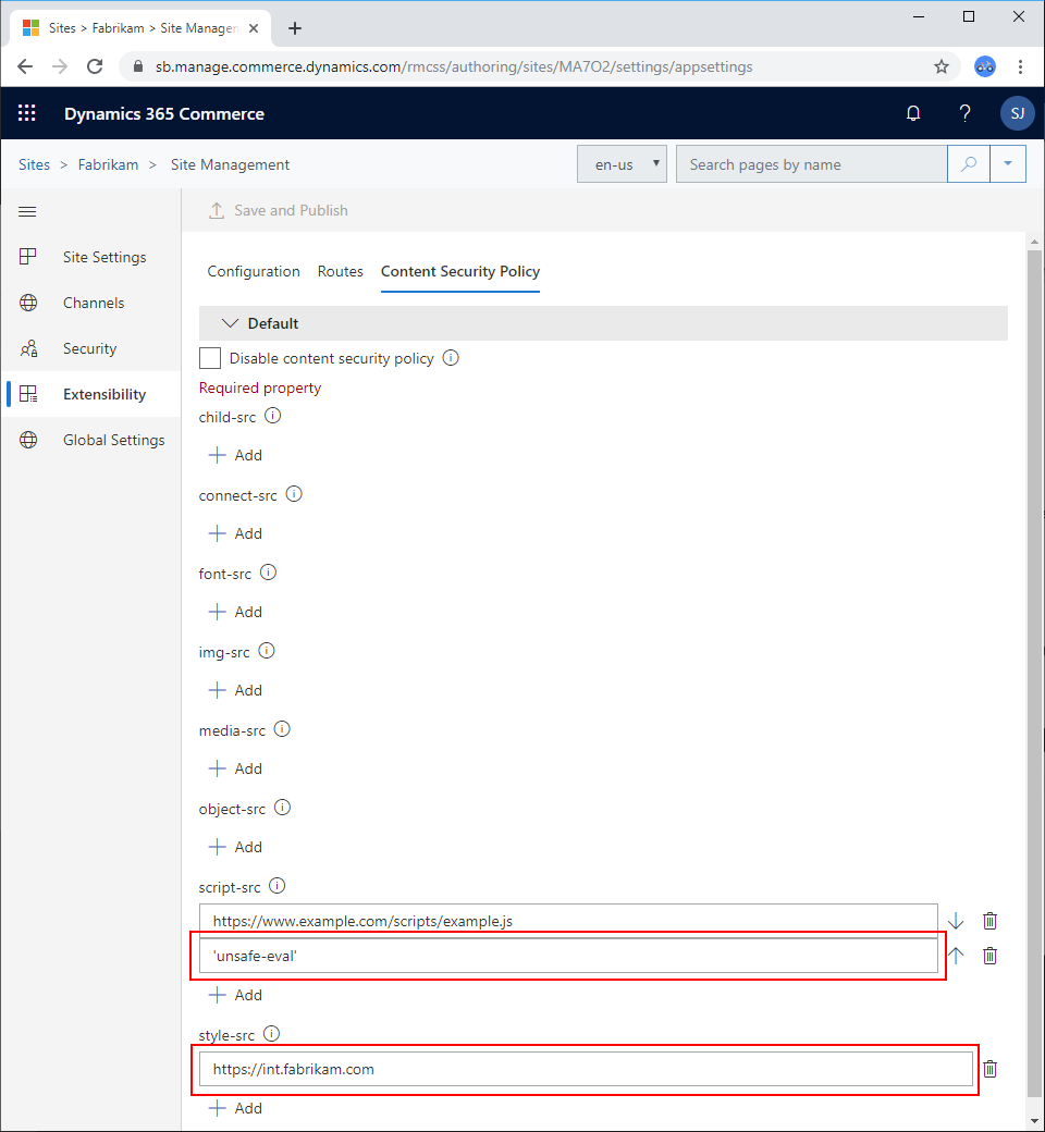 Content Security Policy タブの固定設定。