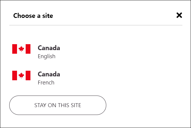 カナダ向けの英語およびフランス語のサイトについてのオプションを示す地域/言語選択ダイアログ ボックスの例。