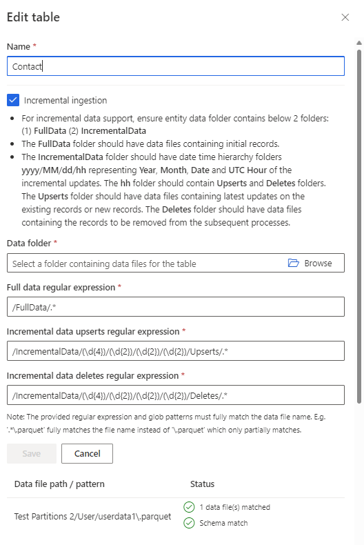 データソースのテーブルの増分更新を設定します。