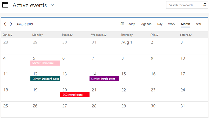 複数のカスタム色イベントを使用するカレンダー。