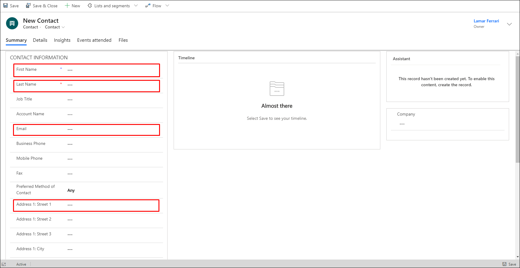 新しい取引先担当者を入力するフィールド。