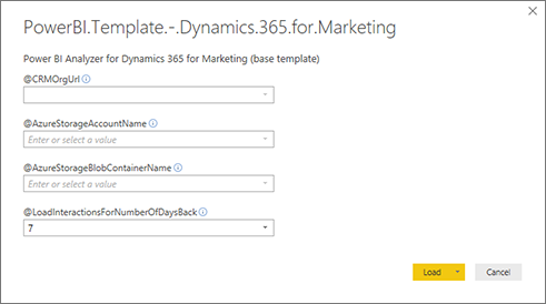 関連するデータ ソースへの Power BI テンプレートに接続するための接続ダイアログ。