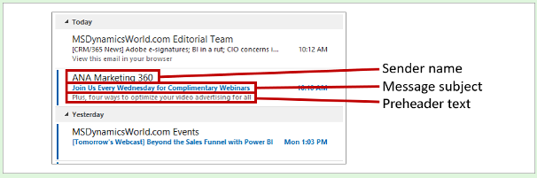 Outlook の受信トレイのリストに表示された電子メール コンテンツ。