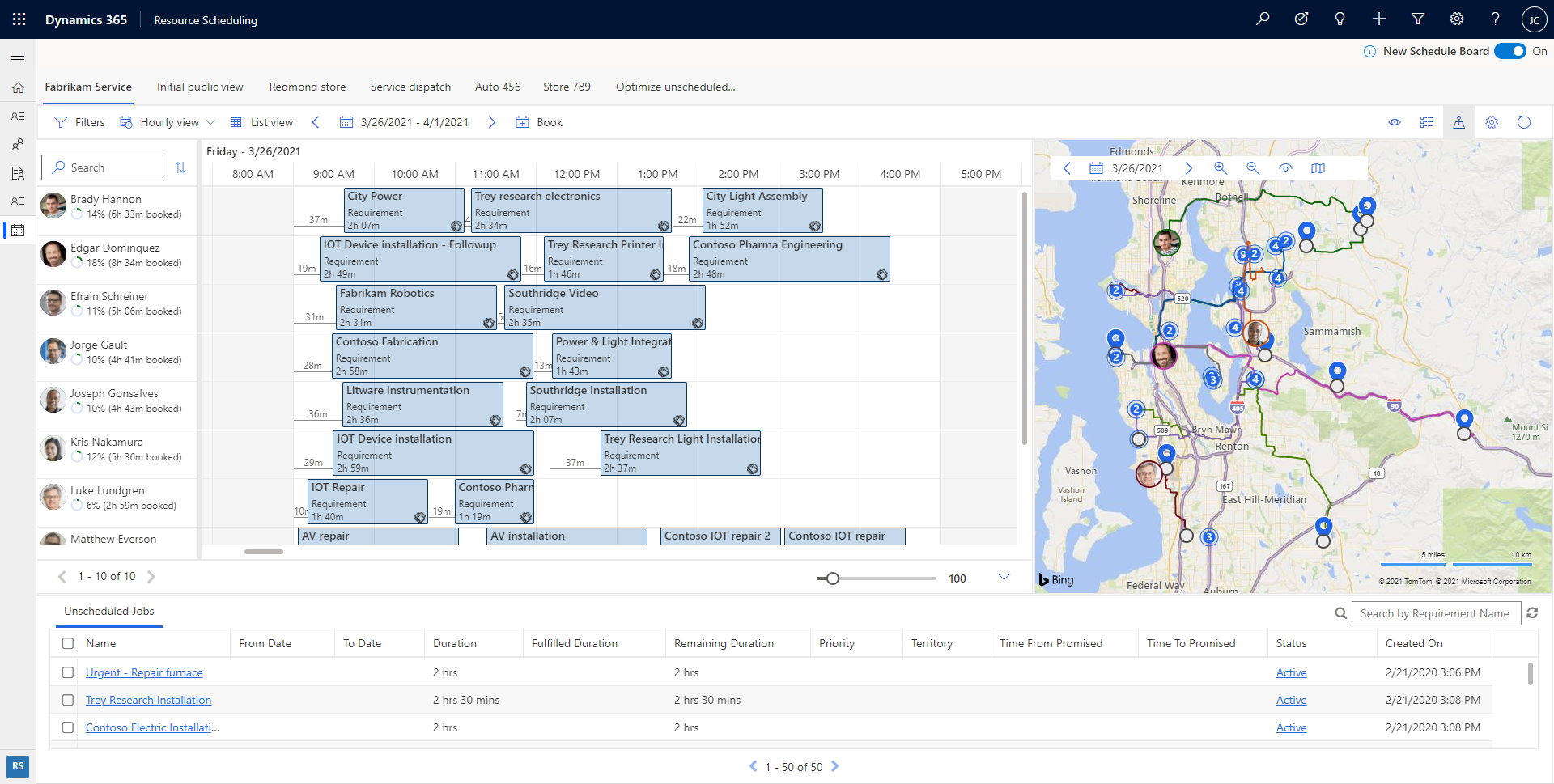 リソースと要件を示した Dynamics 365 の新しいスケジュールボードのスクリーンショット。