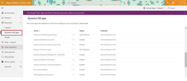 Dynamics 365 アプリの選択。