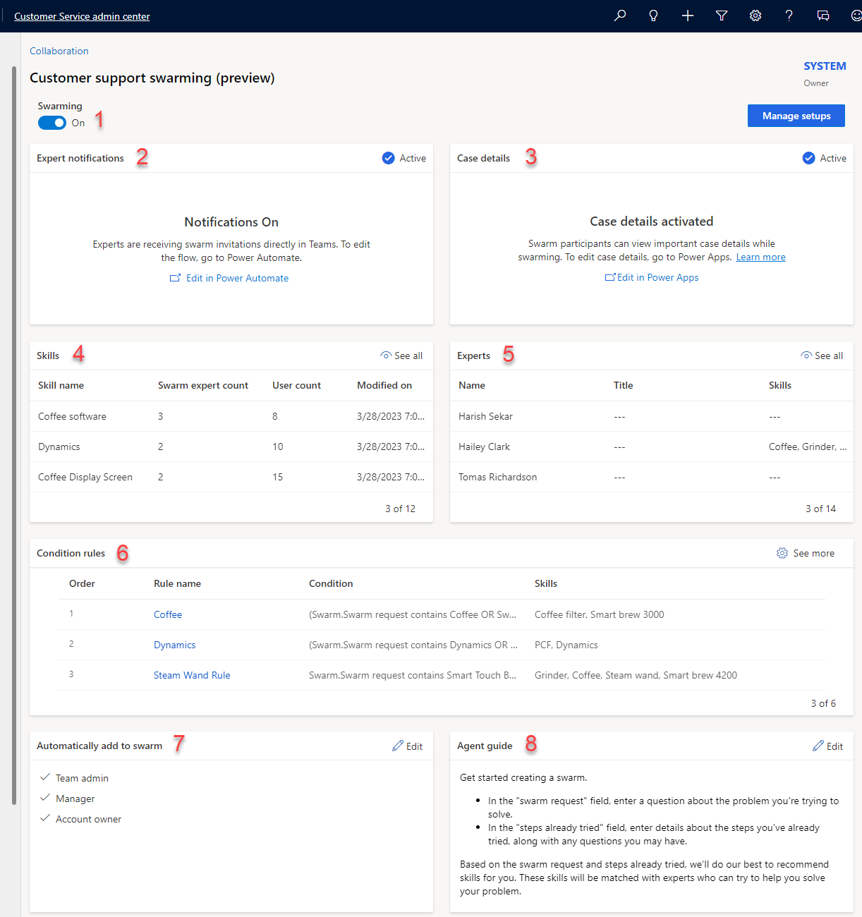 Dynamics 365 Customer Service の顧客サポート スウォーミング ページ。