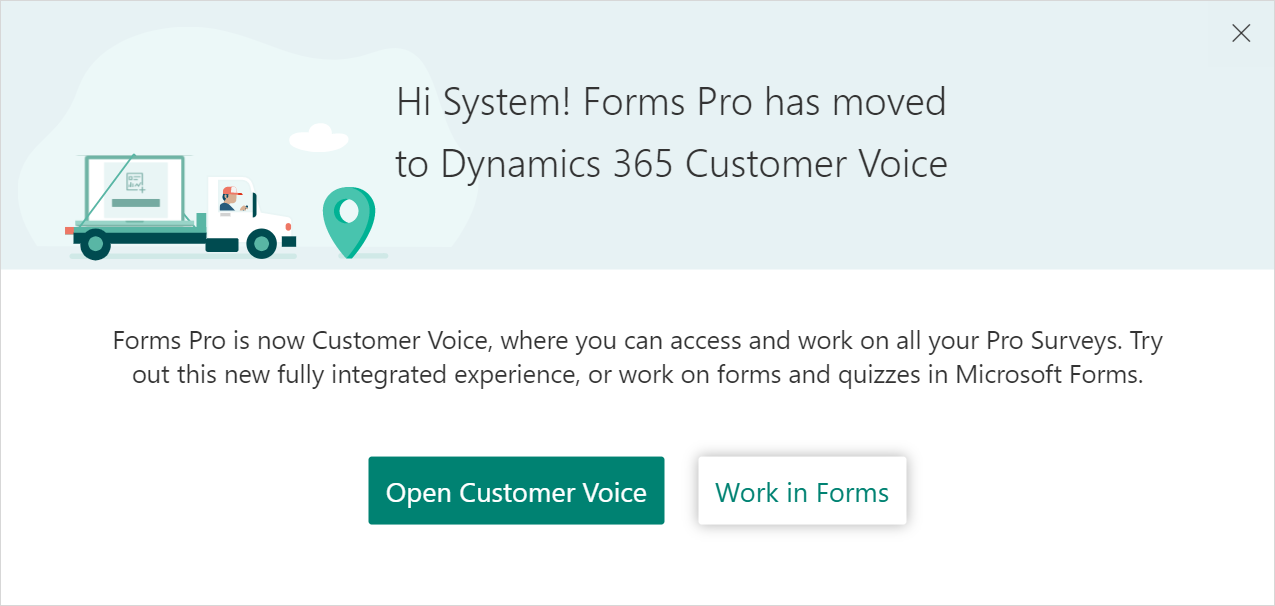 Forms Pro を Dynamics 365 Customer Voice に移行することに関するメッセージ。