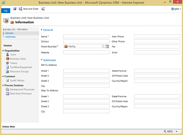 Dynamics 365 for Customer Engagement の部署ダイアログ ボックス。