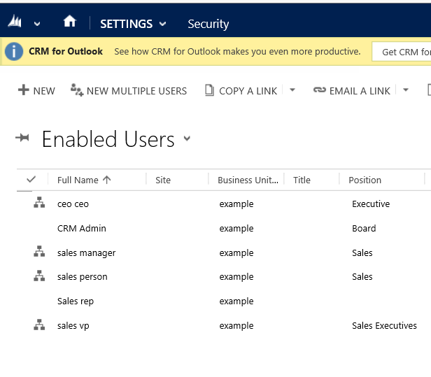 Dynamics 365 for Customer Engagement で割り当てられたポジションが有効化されたユーザー。