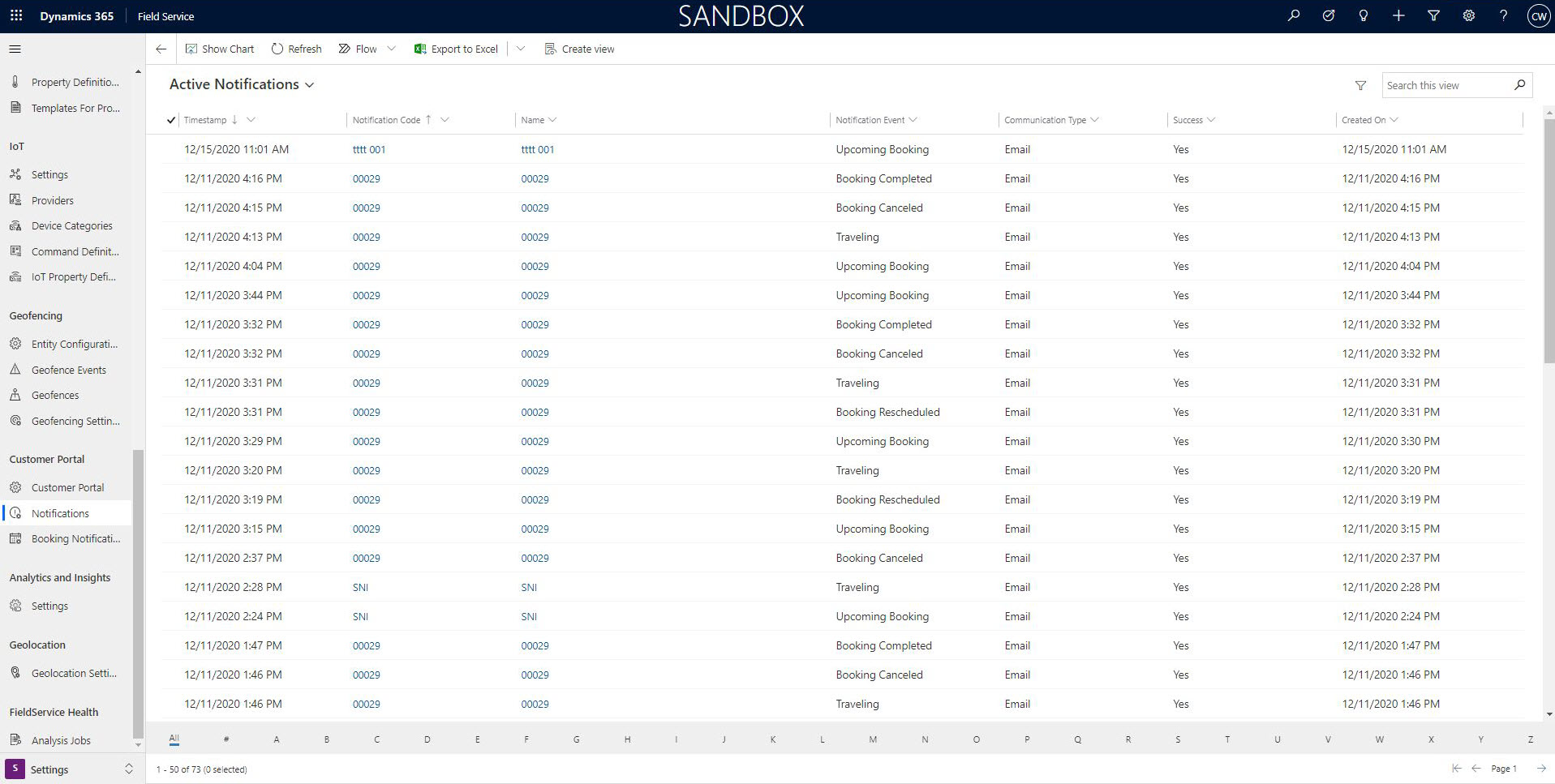 Field Service のアクティブな通知の一覧。