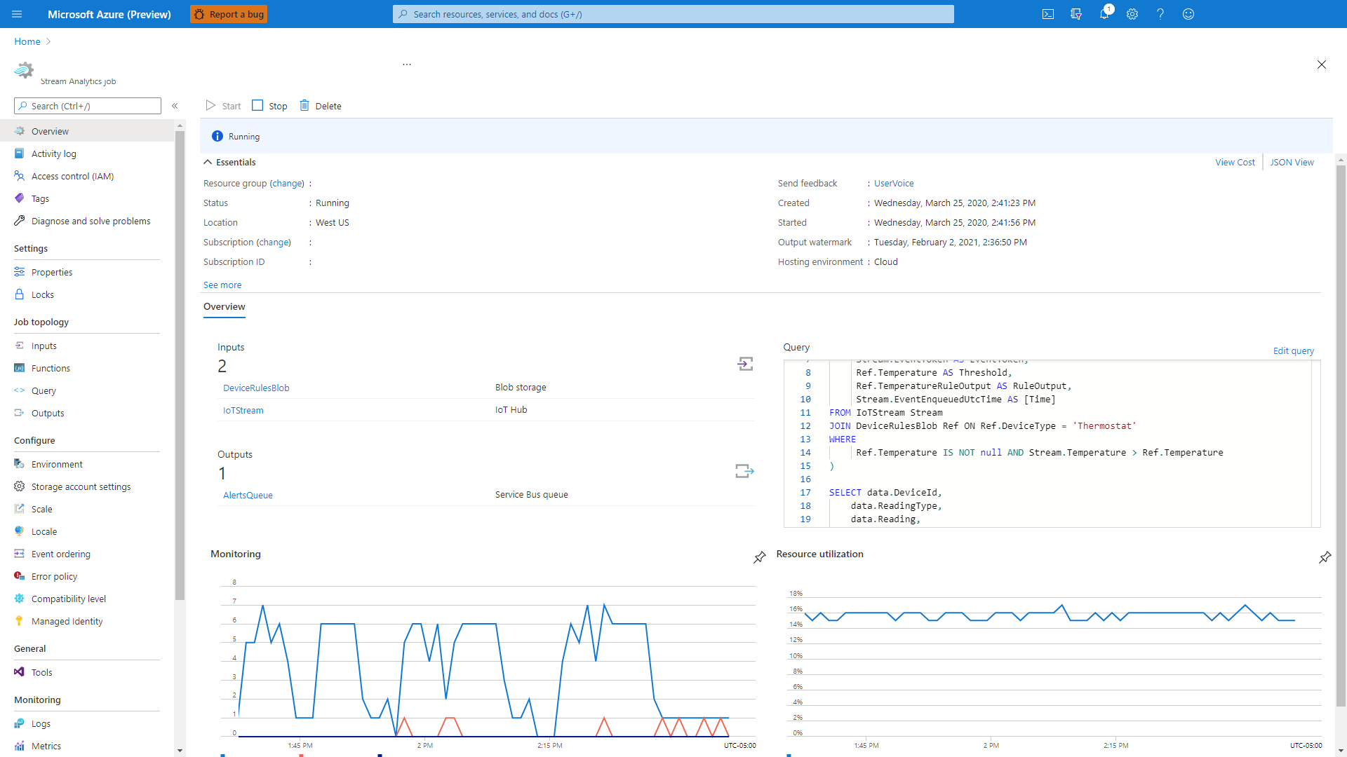 適切なリソースグループとStream Analyticsジョブを表示した Microsoft Azure のスクリーンショット。