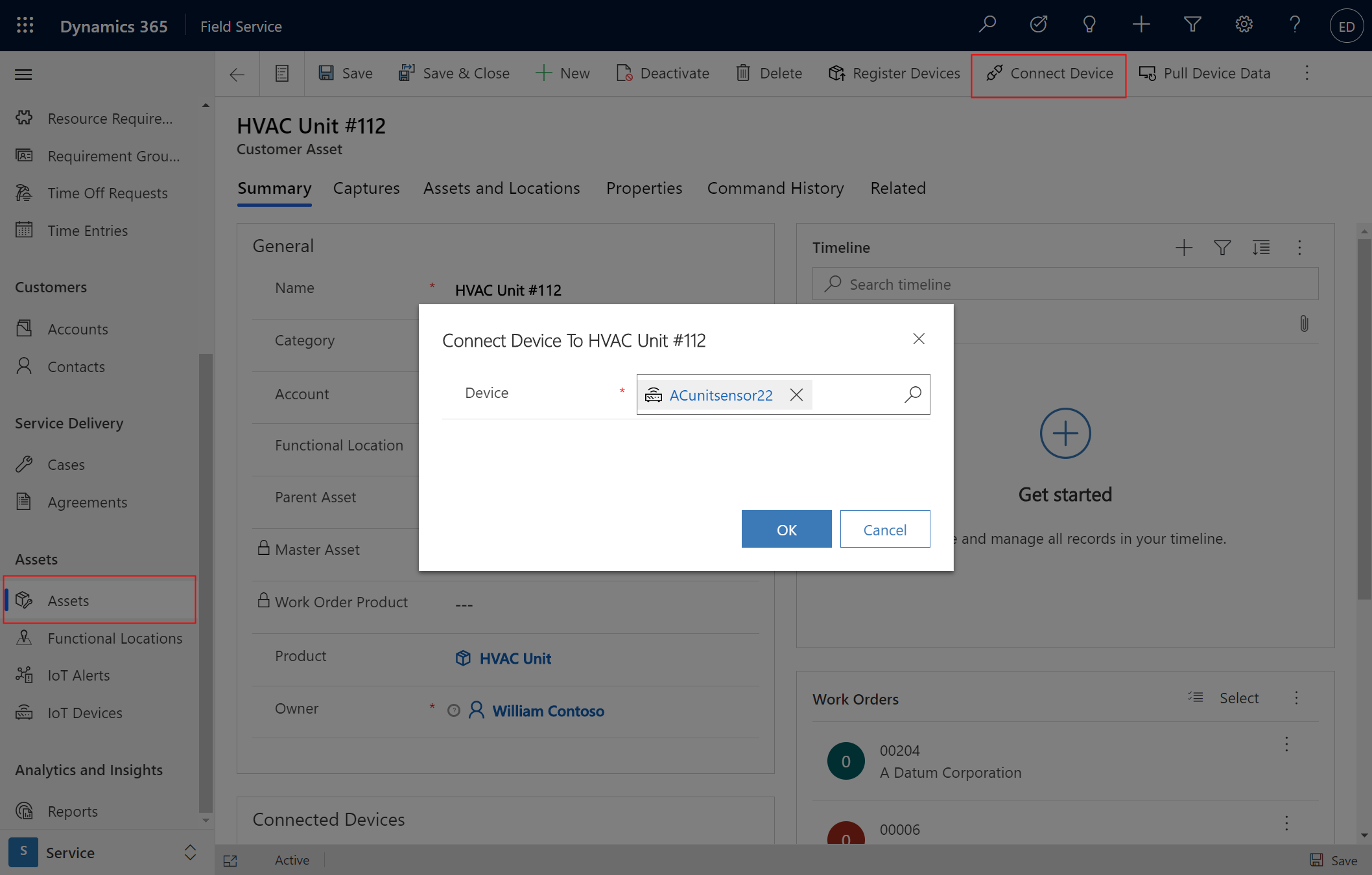 Field Service の資産レコードのデバイス接続ダイアログのスクリーンショット。