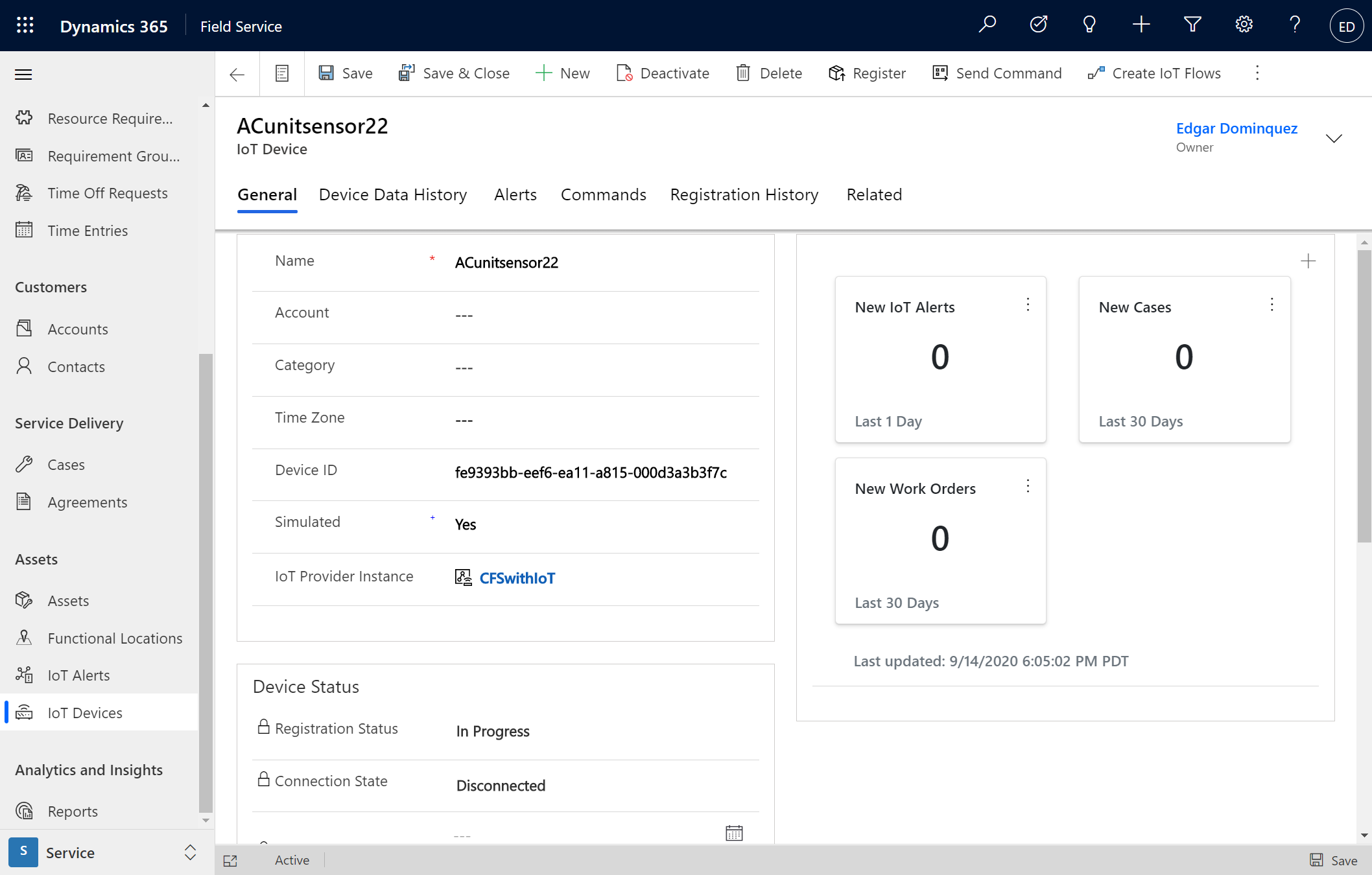 デバイスIDが入力された、Field Service の新しい IoT デバイスのスクリーンショット。