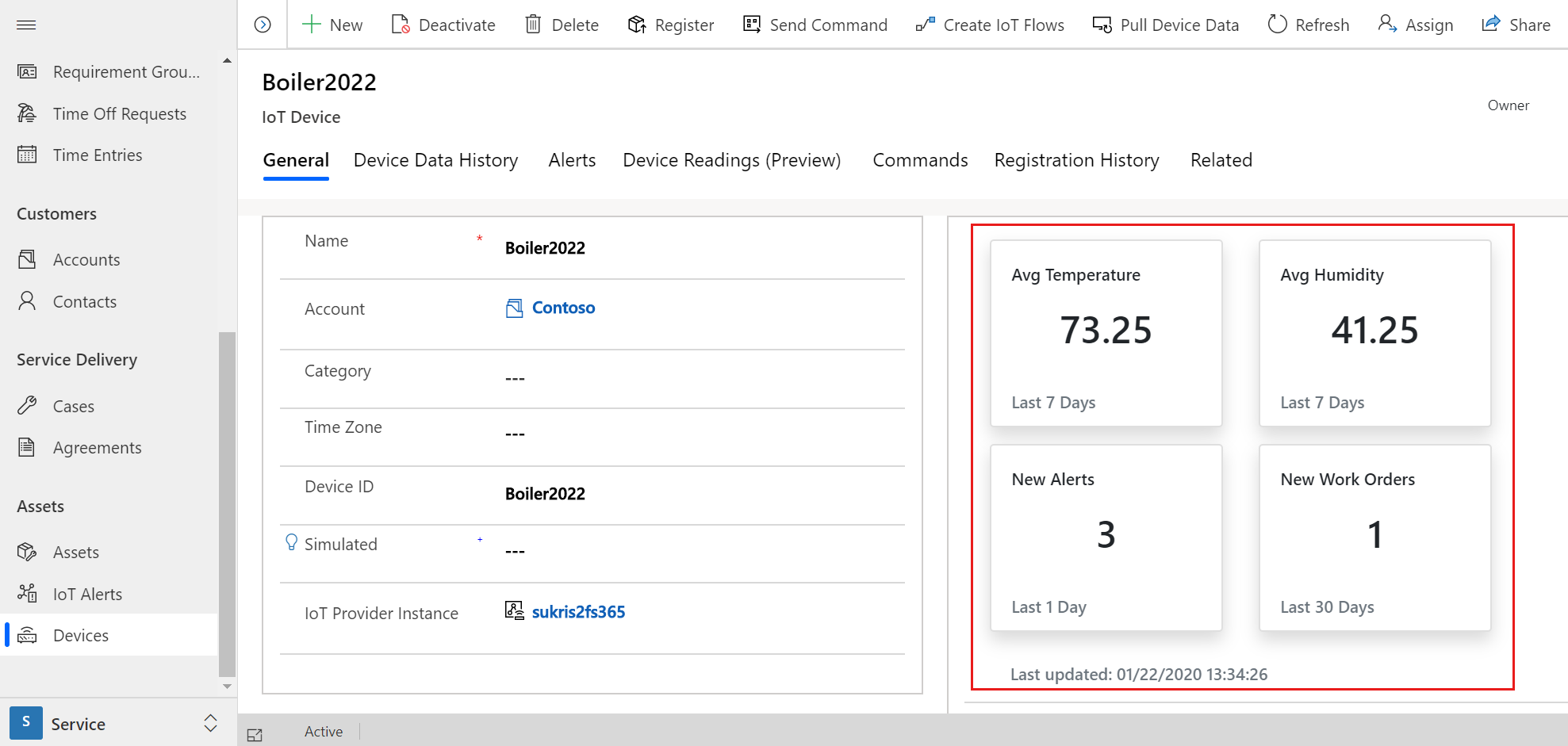 集計された読み取りを表示した Field Service の IoT デバイスのスクリーンショット。