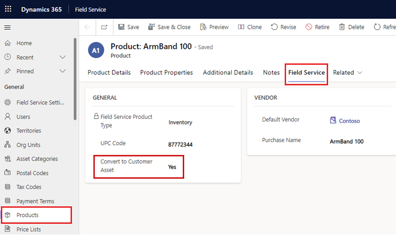 [Field Service] タブの製品のスクリーンショット。[顧客資産に変換] 設定が強調表示されている。