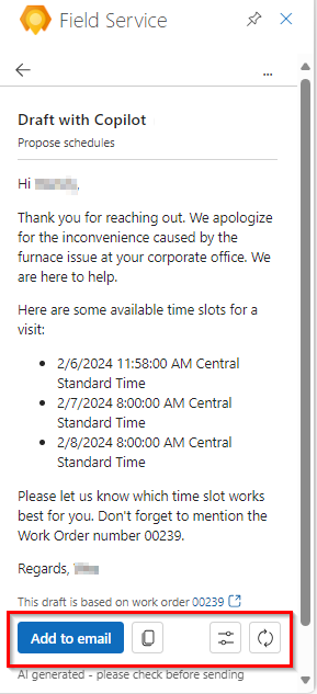 Outlook の Field Service のスクリーンショット。アクションボタンのある下書きメールがハイライトされています。