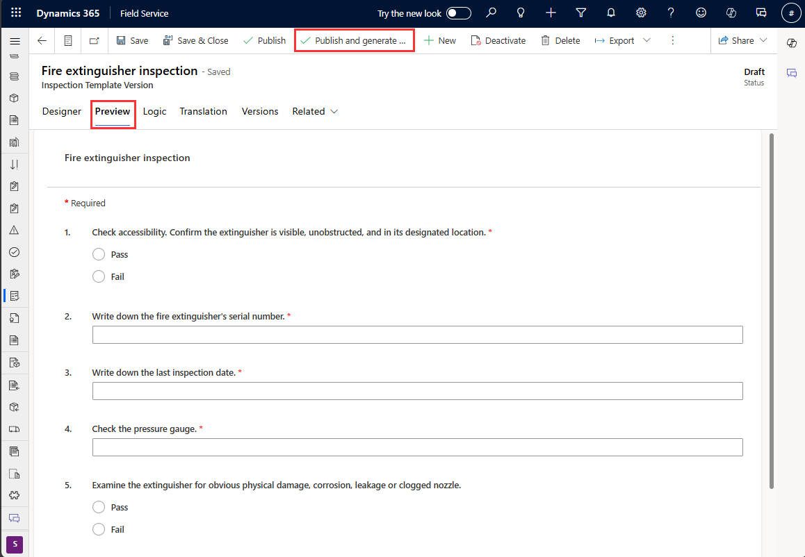 プレビュー セクションと公開オプションの両方が強調表示されている、Field Service 検査のスクリーンショット。