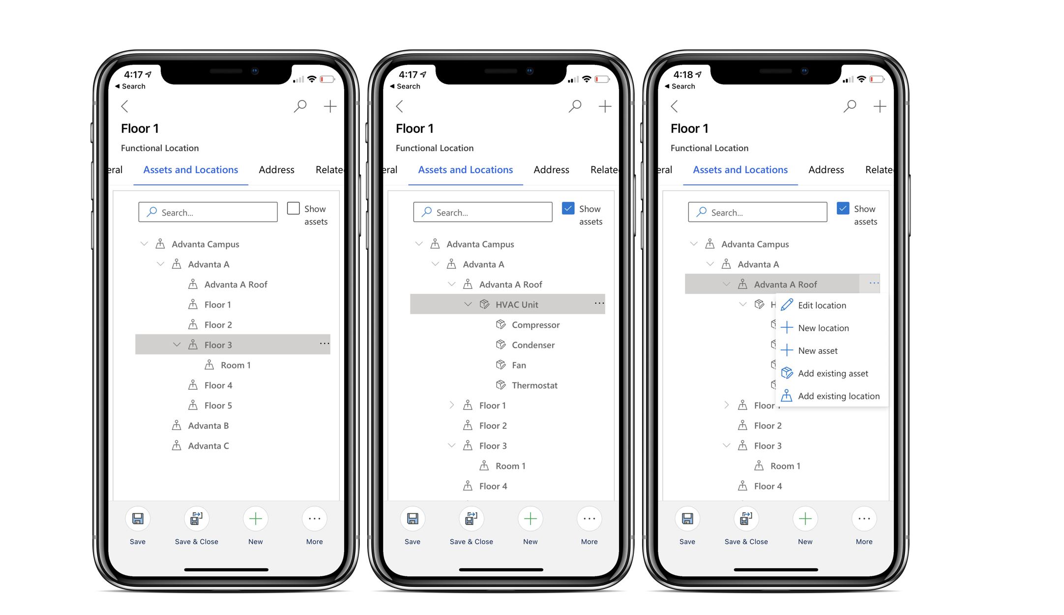 Field Service モバイル アプリのスクリーンショットをシミュレーションし、資産階層と機能位置を表示している状態。