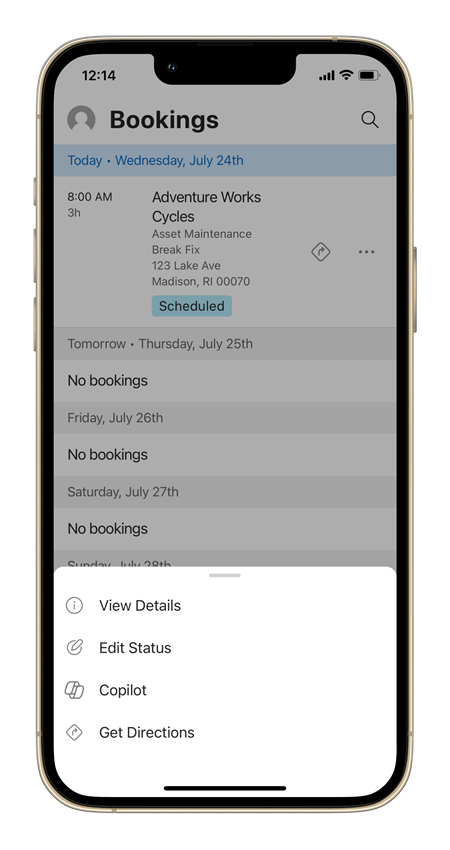 Screenshot of a mobile device with options of a booking in the Field Service mobile app.