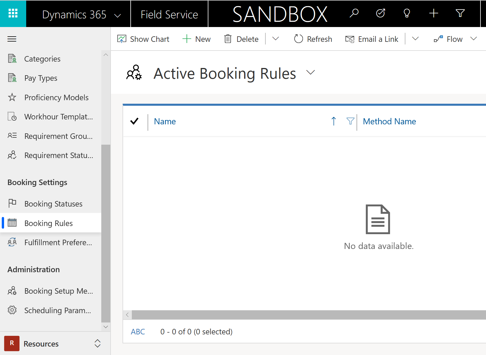 Field Service のアクティブな予約ルール リストのスクリーンショット