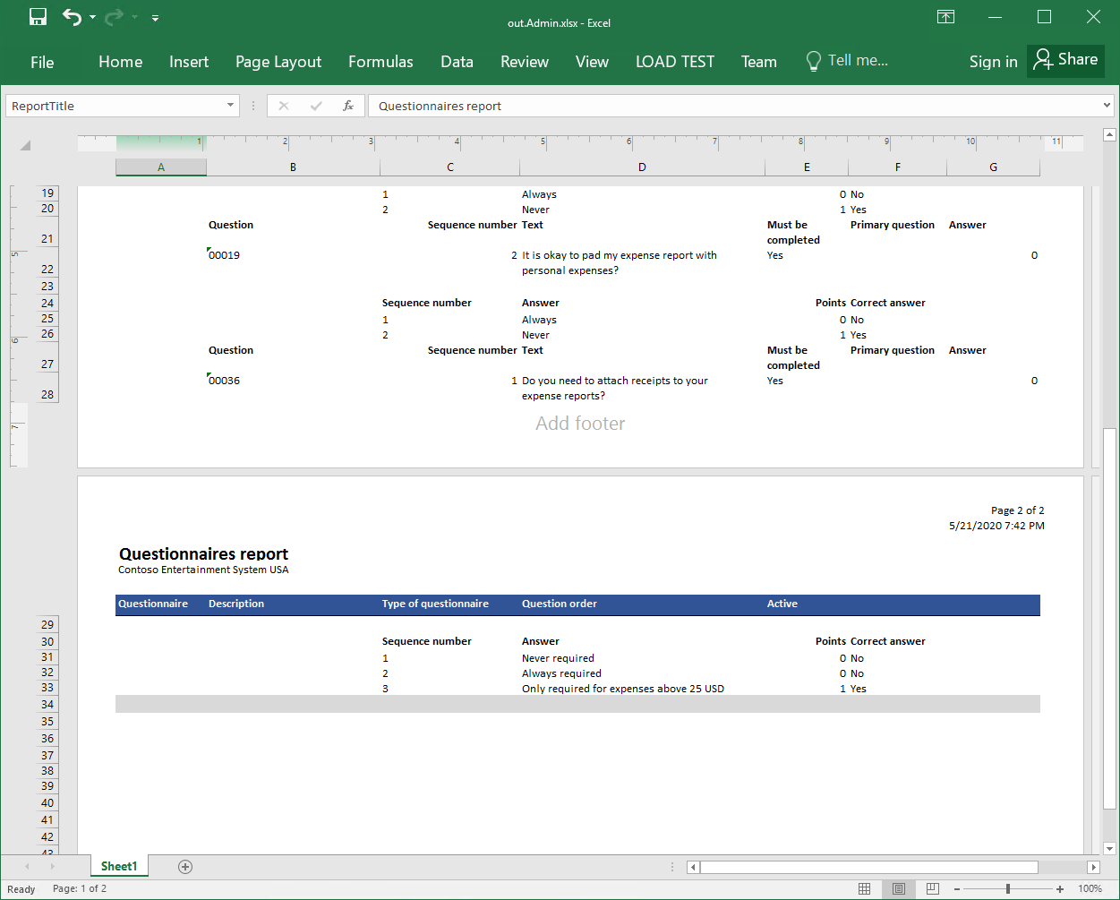 Excel フォーマットで生成されたレポートの例 (ページ 2) です。