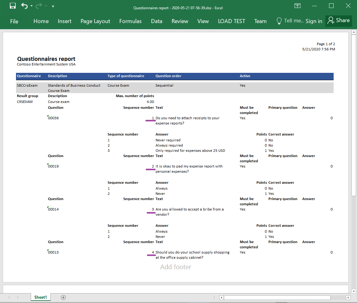 質問を正しく並べ替えた Excel 形式のレポートを生成しました。