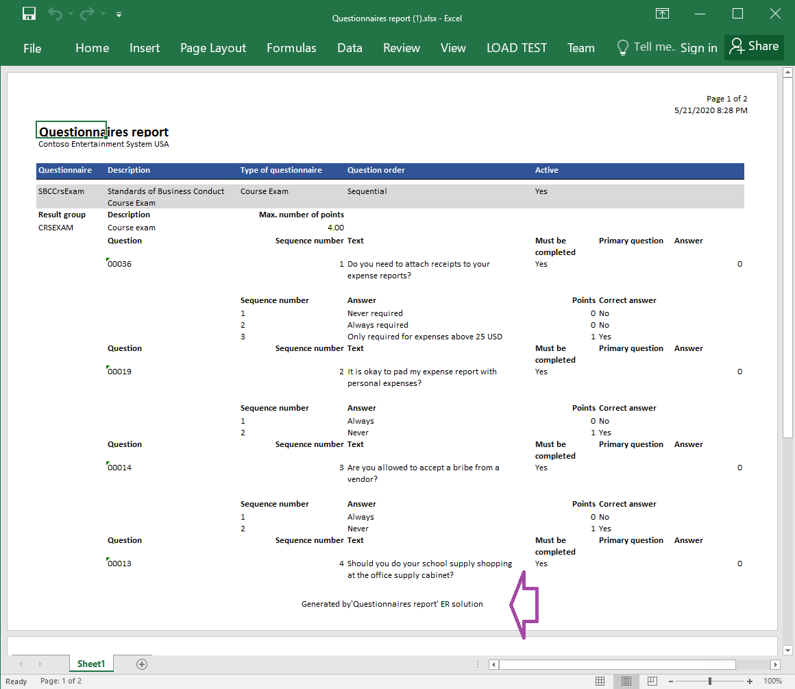 Excel フォーマットで生成されたレポートです。