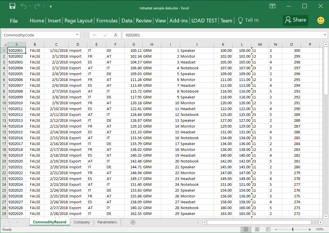 サンプル データが含まれる Excel ブック。