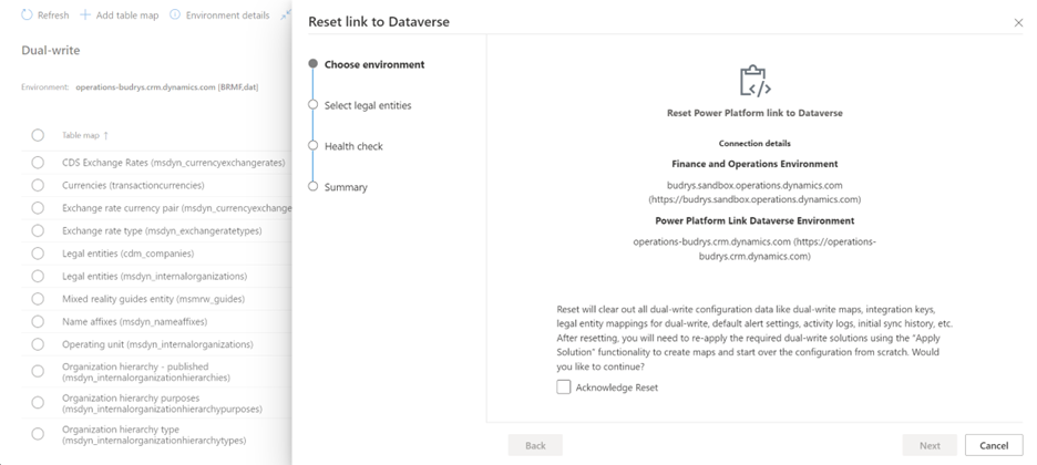 シナリオ 1 の Dataverse ウィザードへのリンクのリセットで環境ページを選択します。