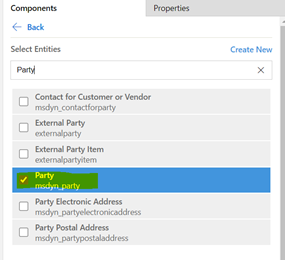 アプリ デザイナーのコンポーネント タブで選択された関係者 (msdyn_party) エンティティ。