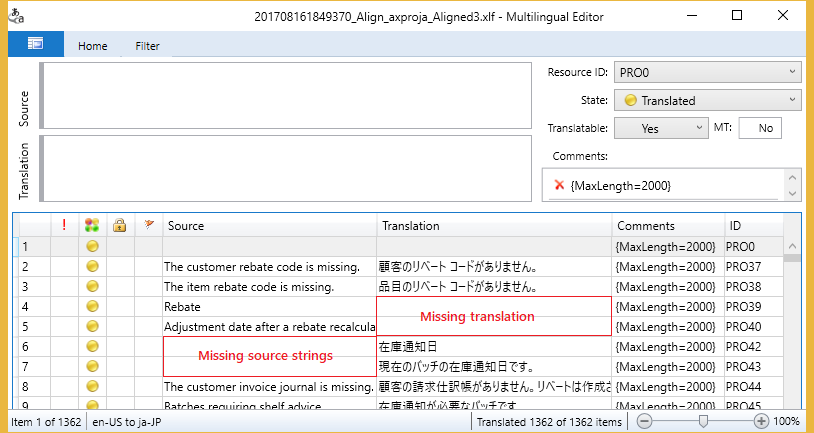 文字列の欠落。