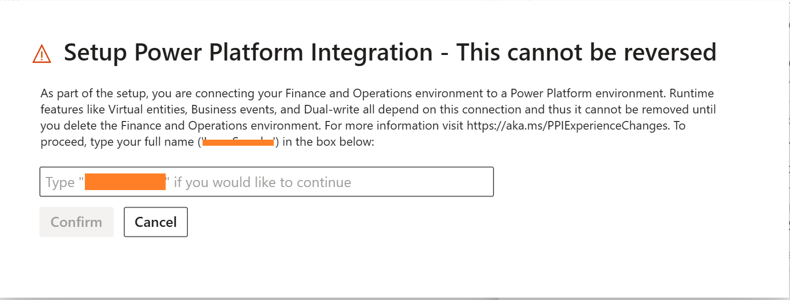 Power Platform 統合の設定 - この操作は元に戻せません ダイアログ ボックスのスクリーンショット。