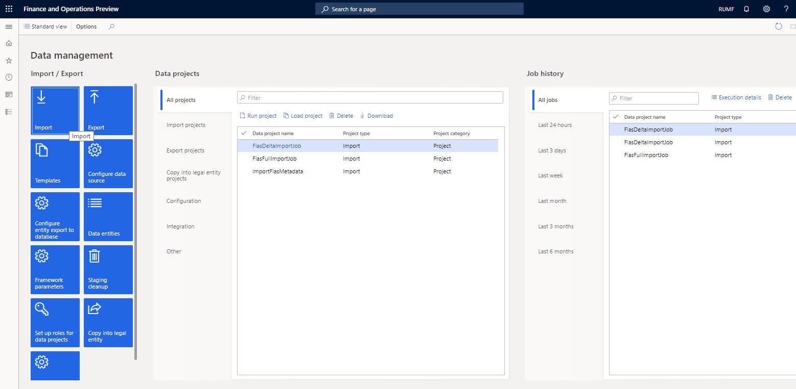 Data management workspace, Import/export section, Import tile.