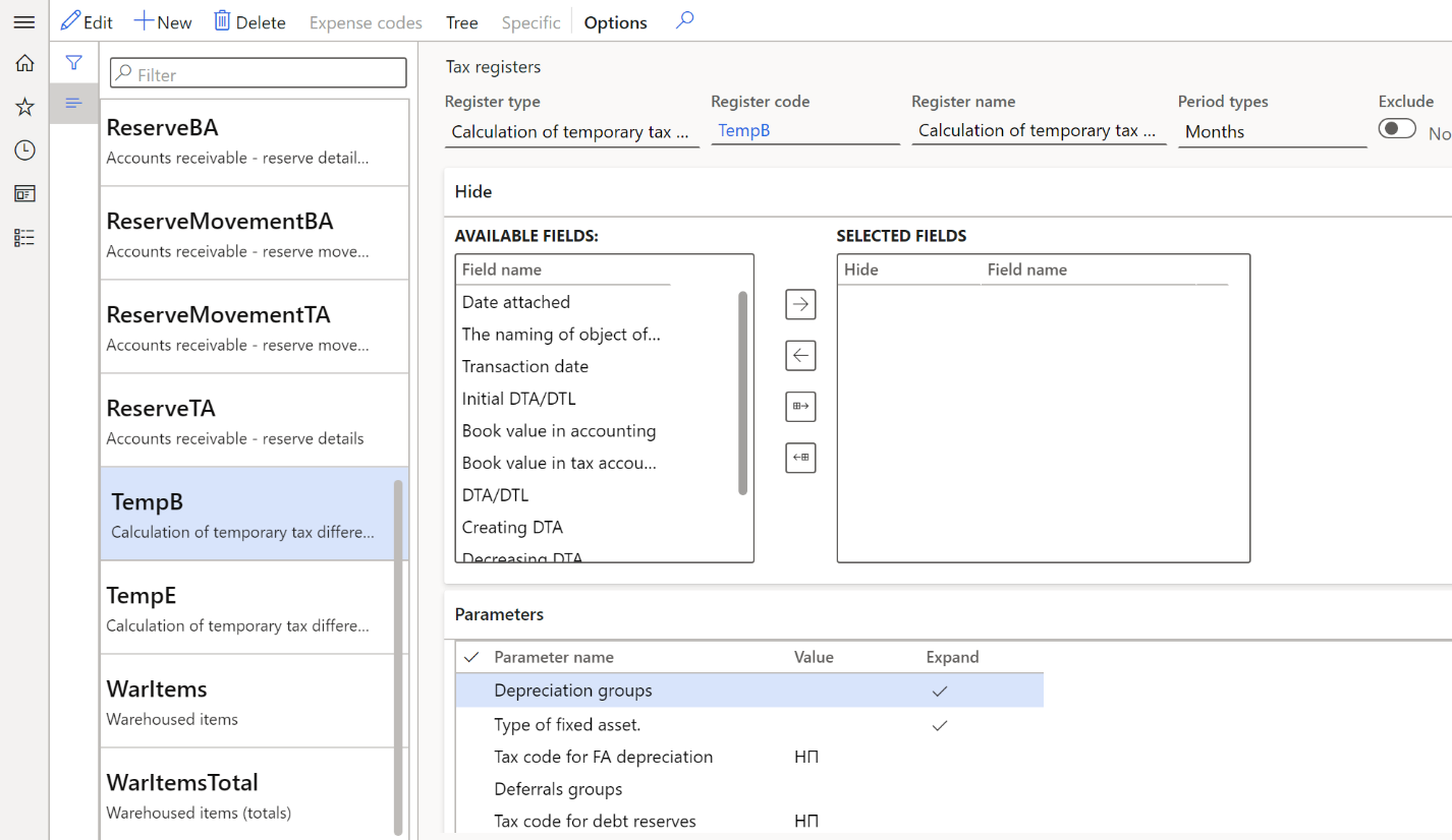 Setting parameters for generation of the Calculation of temporary tax differences by balance method and Calculation of temporary tax differences tax registers on the Tax registers page.