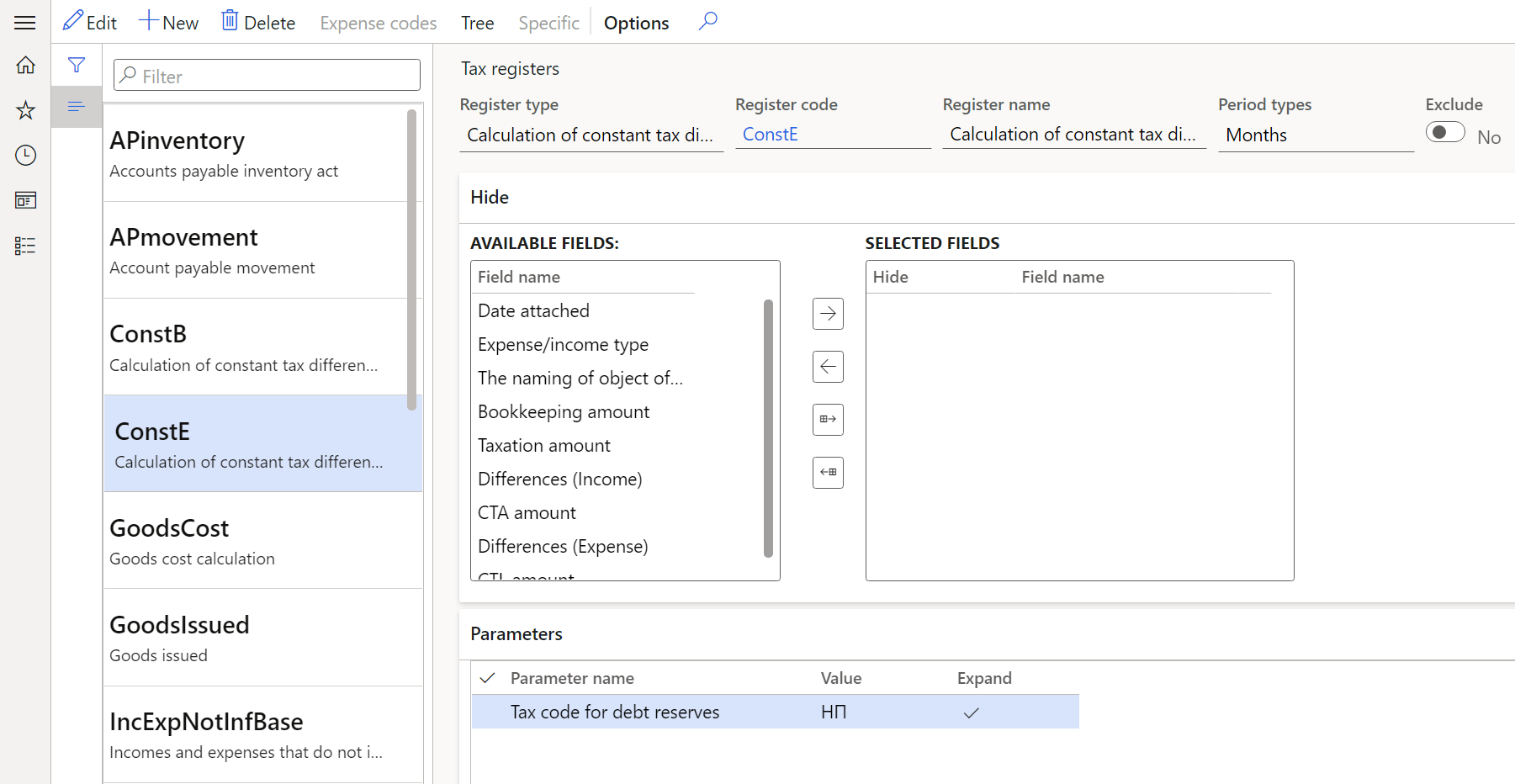 Setting parameters for generation of the Calculation of constant tax differences tax register on the Tax registers page.