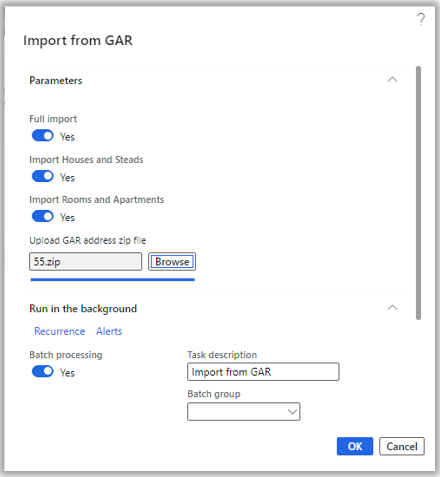 Parameters FastTab in the Import from GAR dialog box.