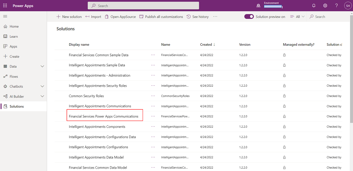 Screenshot of the Power Apps portal with the list of solutions.